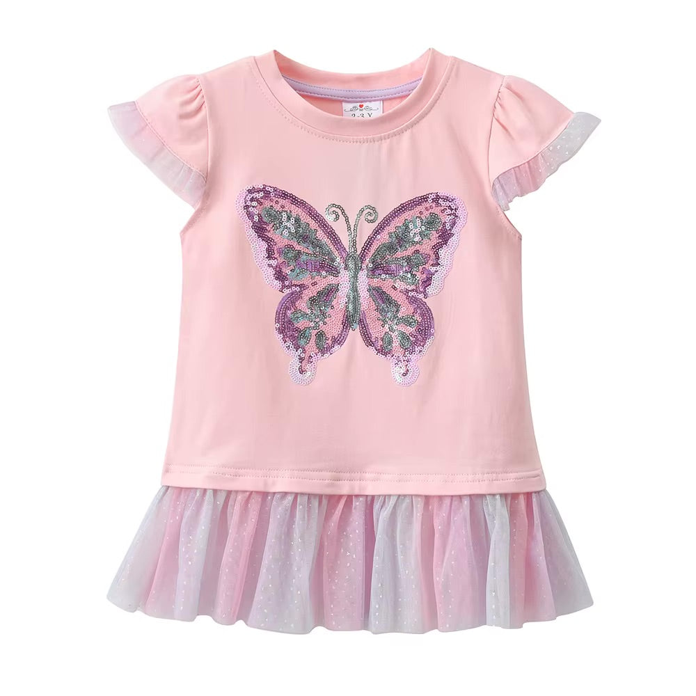 Pink shirt with butterfly design on a white background