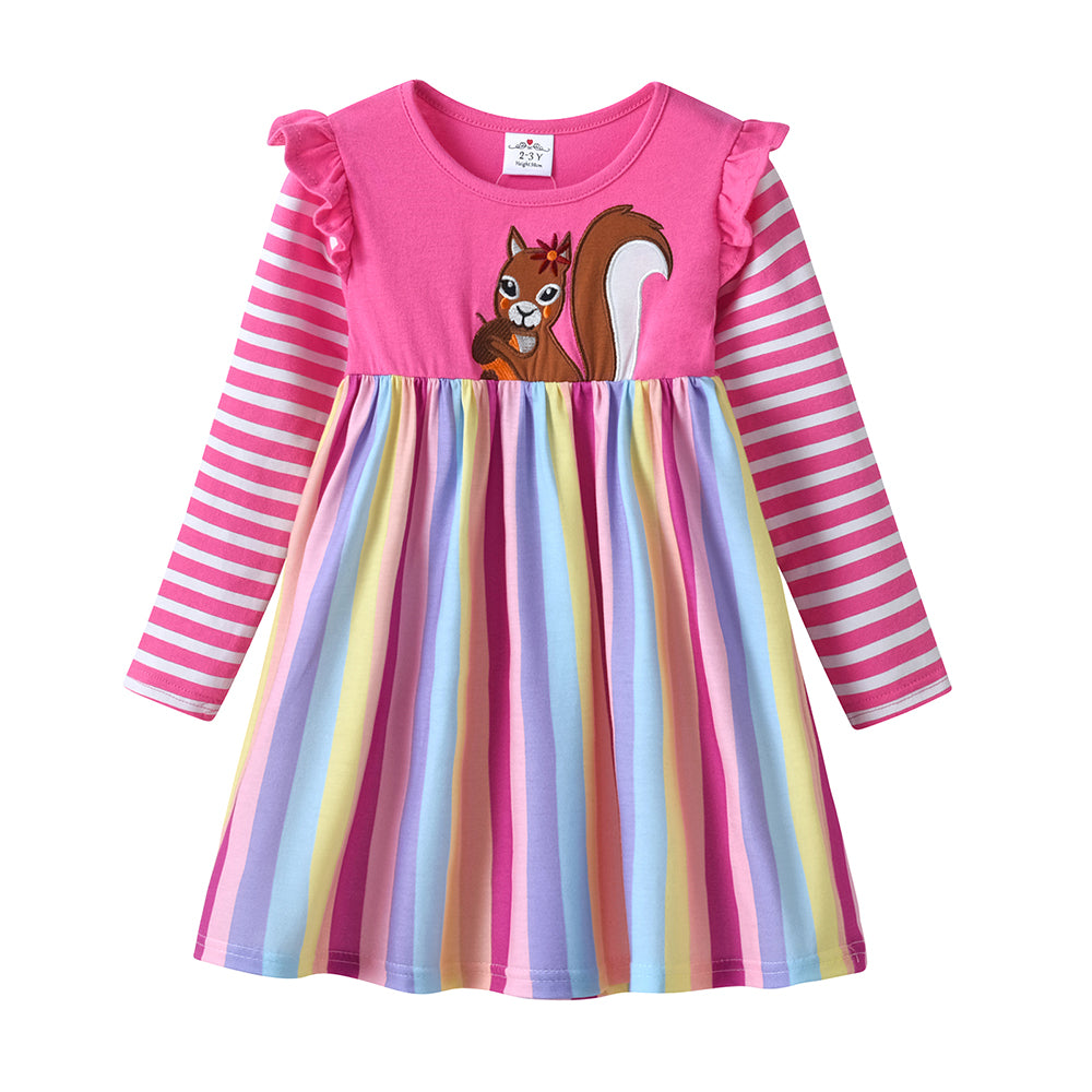 Squirrel Pink Stripe Long Sleeve Cotton Dress for Girls