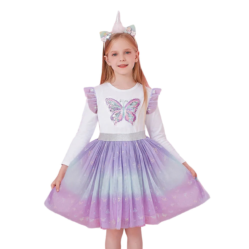 Adorable Butterfly Sequin White And Purple Long Sleeve Cotton Dress