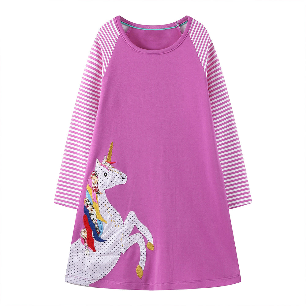Pink dress with unicorn and long-sleeve striped sleeves on a white background