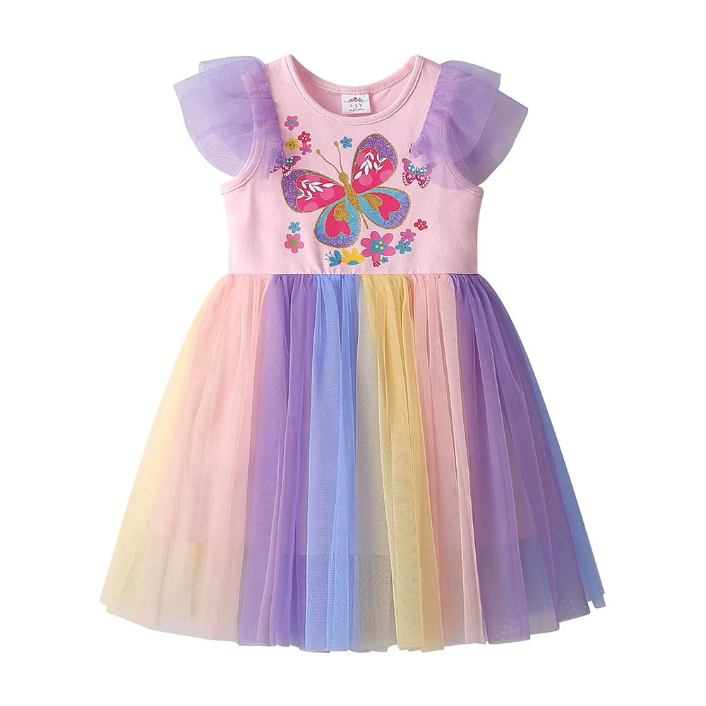 Colorful children's dress with butterfly design on a white background