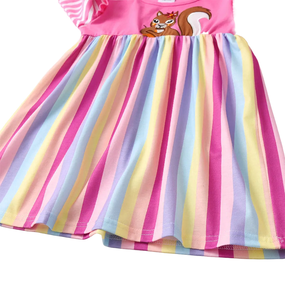 Colorful striped dress with a pink top featuring a cartoon squirrel on a white background