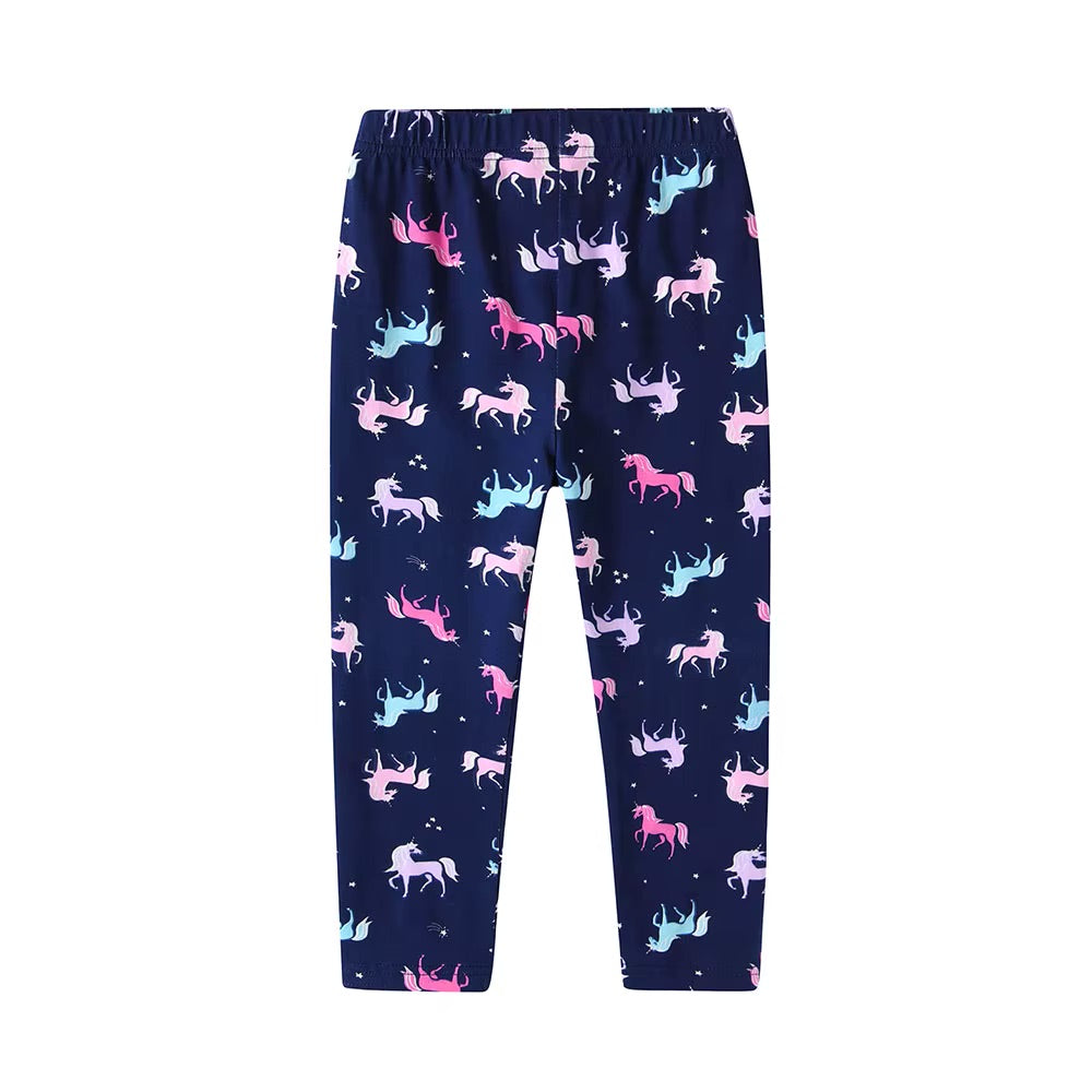 Navy blue pants with colorful unicorn pattern on a white background