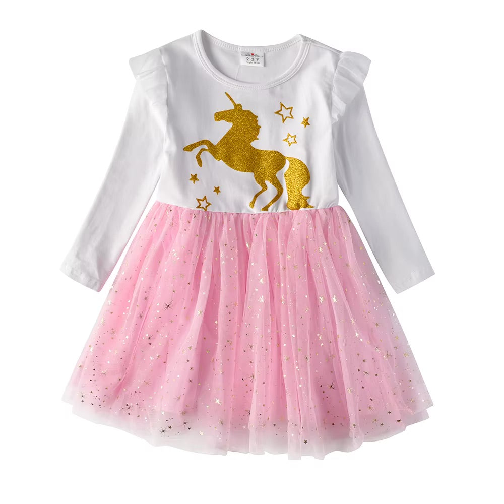 Children's Cotton Long Sleeve Cute adorable dress with unicorn sequin  design on a white background