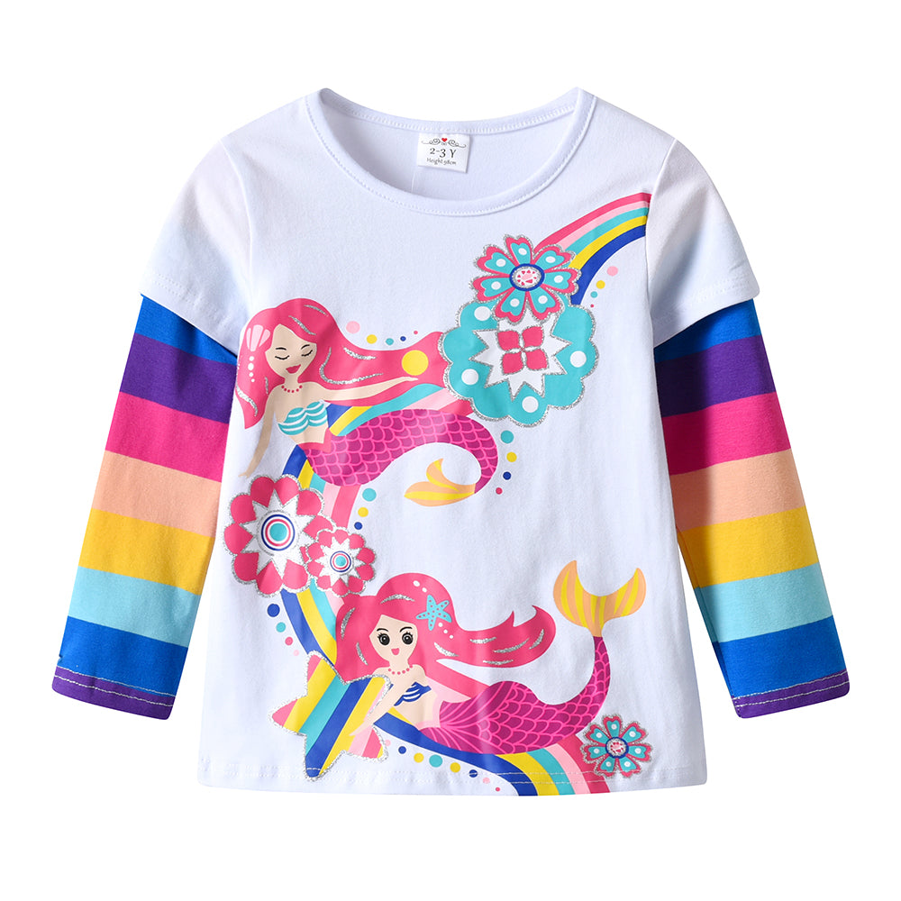 Children's long-sleeve shirt with mermaid and rainbow design on a white background