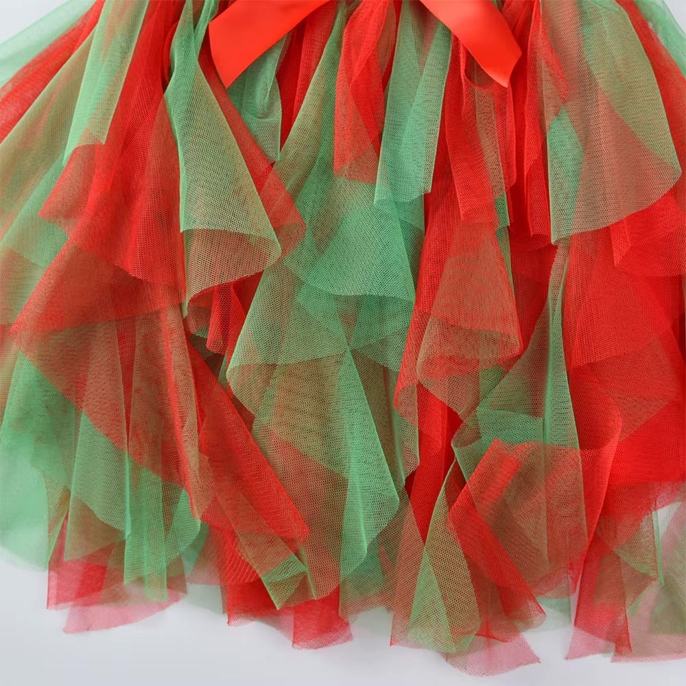 Red and green ruffled fabric on a white background