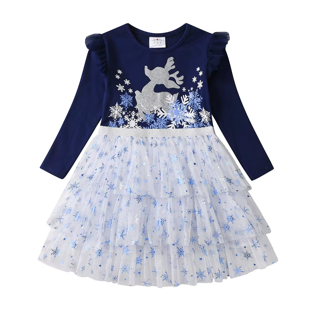 Navy blue dress with reindeer and snowflake design on a white background