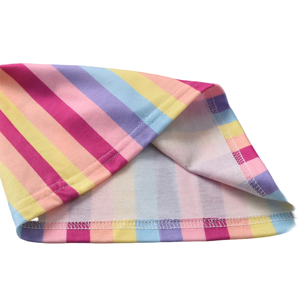 Close-up of a colorful striped fabric with pink, yellow, blue, and purple hues on a white background.