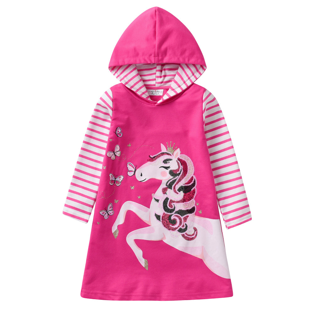 Pink hoodie dress with unicorn design on a white background