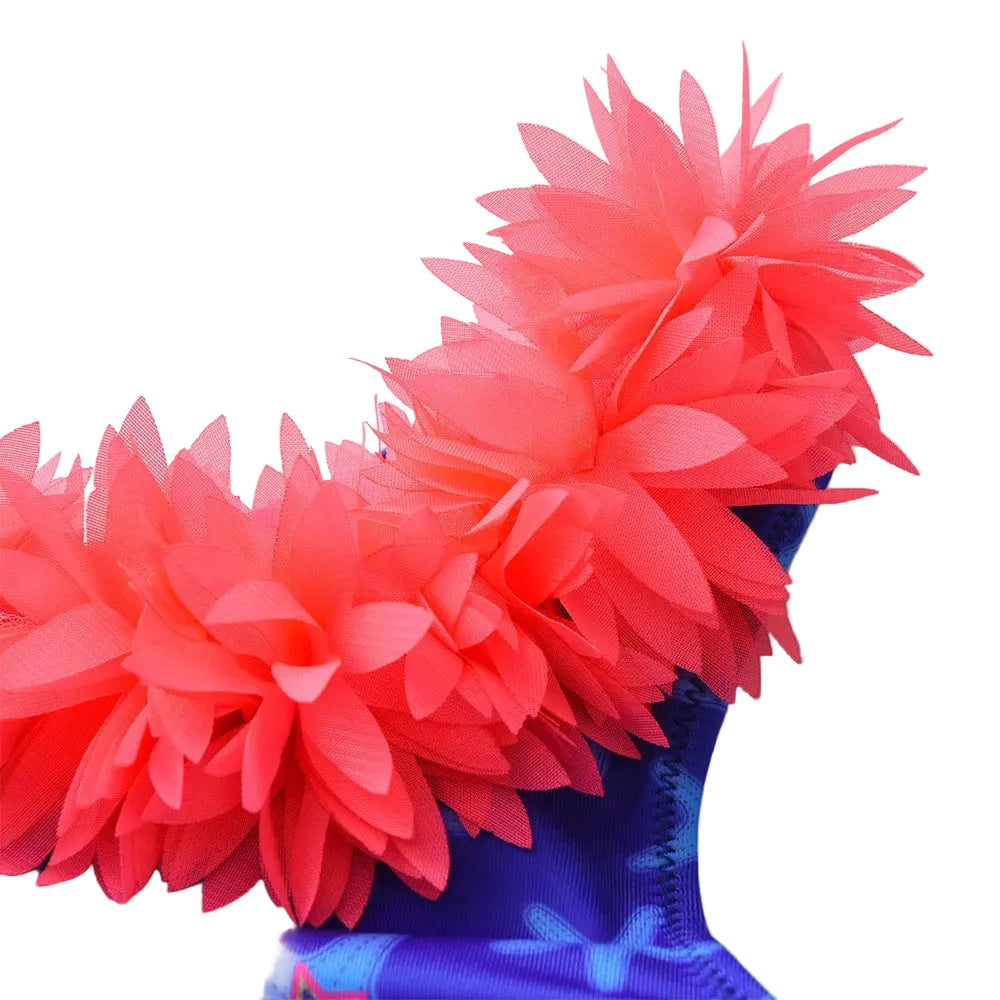 Close-up of a pink feathered headband with a blue base on a white background