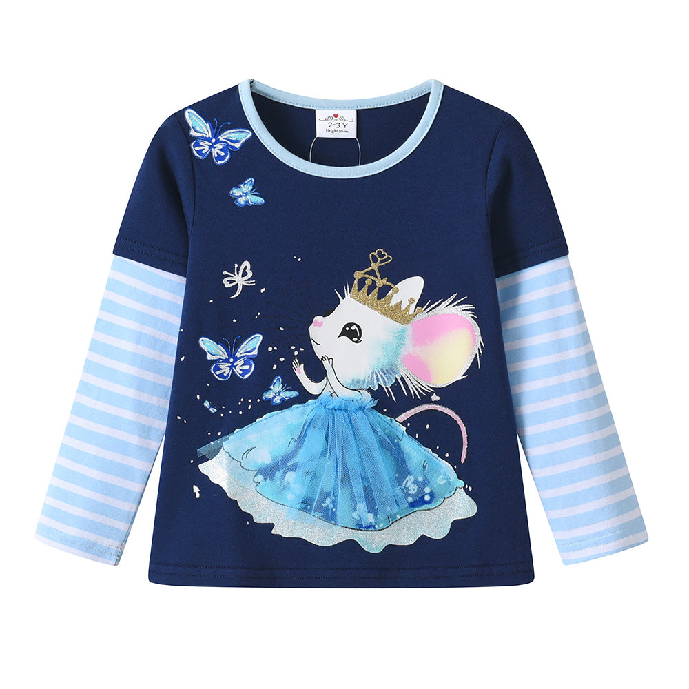 Children's long-sleeve shirt with a mouse design on a blue background