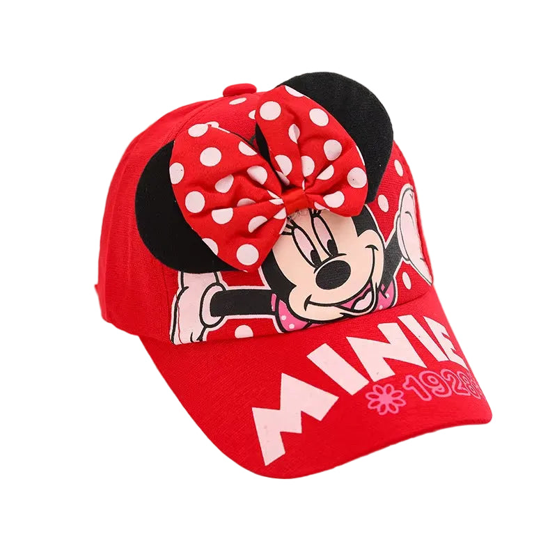 Red cap with Minnie Mouse design on a gray background