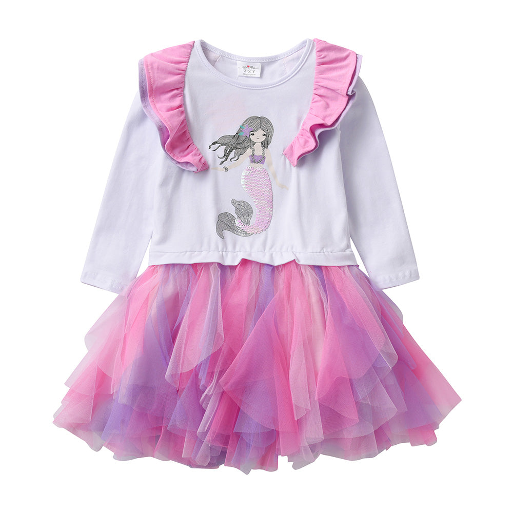Mermaid Sequin Ruffles Cotton Long Sleeve Dress - Charm