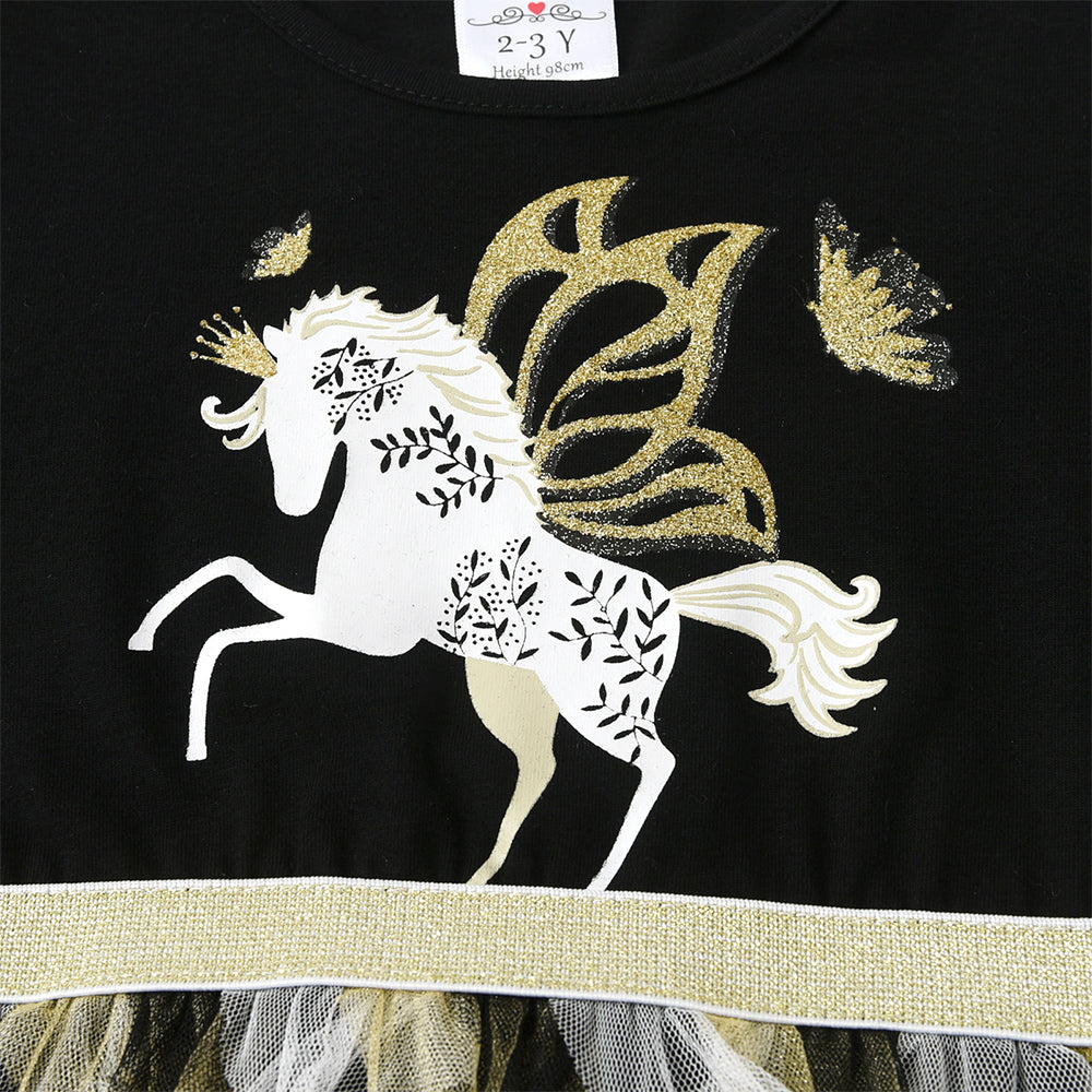 Black dress with a white horse design and gold accents on a black background