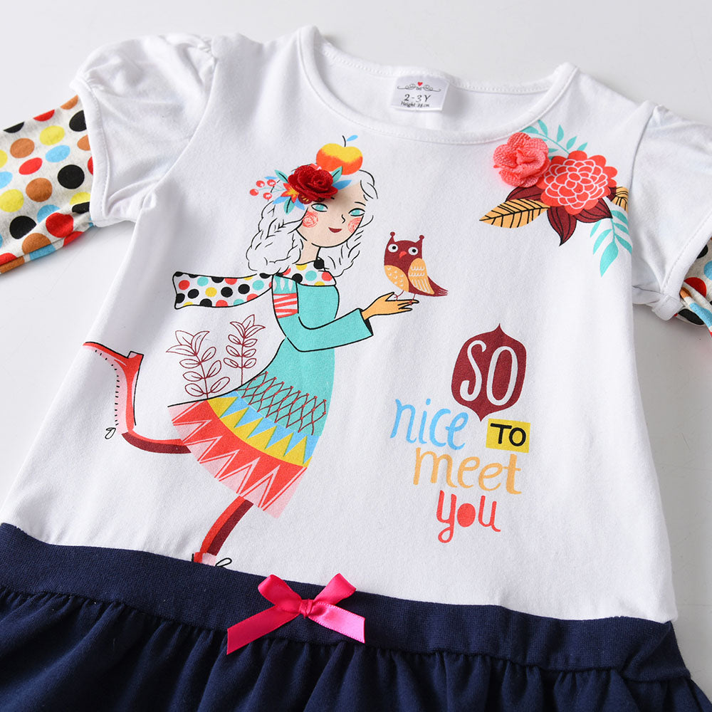 Children's dress with colorful graphics and text on a white background