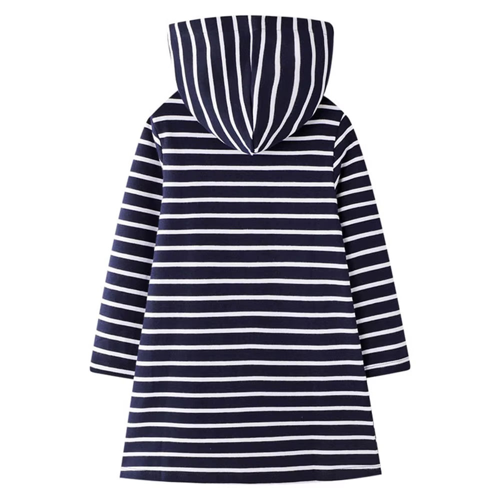 Navy and white striped hoodie on a white background