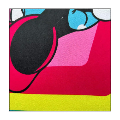 Colorful abstract design with pink, black, blue, and yellow on a white background
