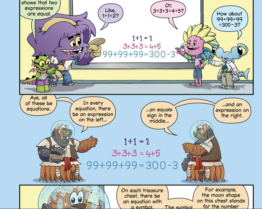 Cartoon comic strip with characters discussing mathematical equations on a computer screen.