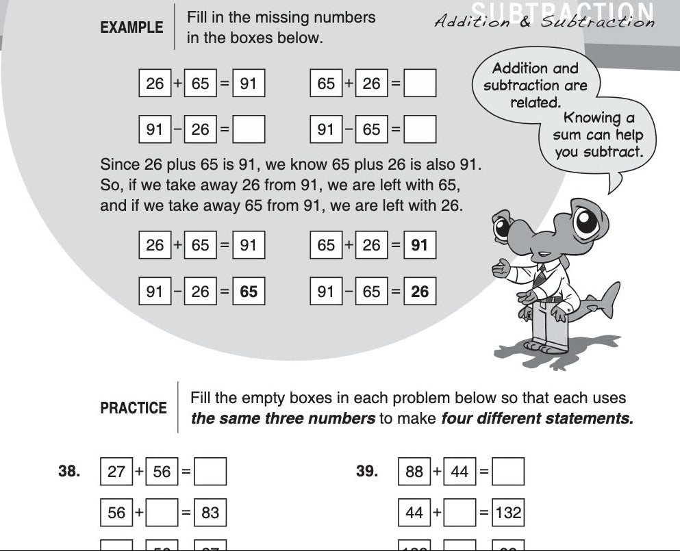 Educational math worksheet with addition and subtraction problems and a cartoon character.