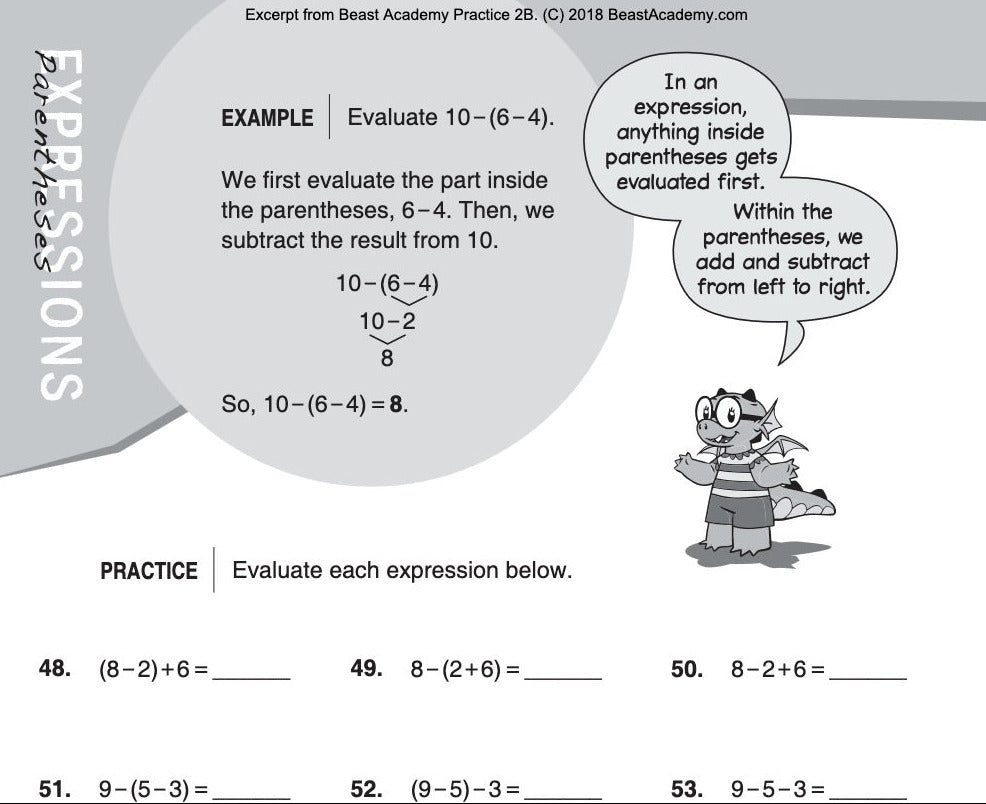 Mathematics worksheet with expressions and a cartoon character on a computer screen.
