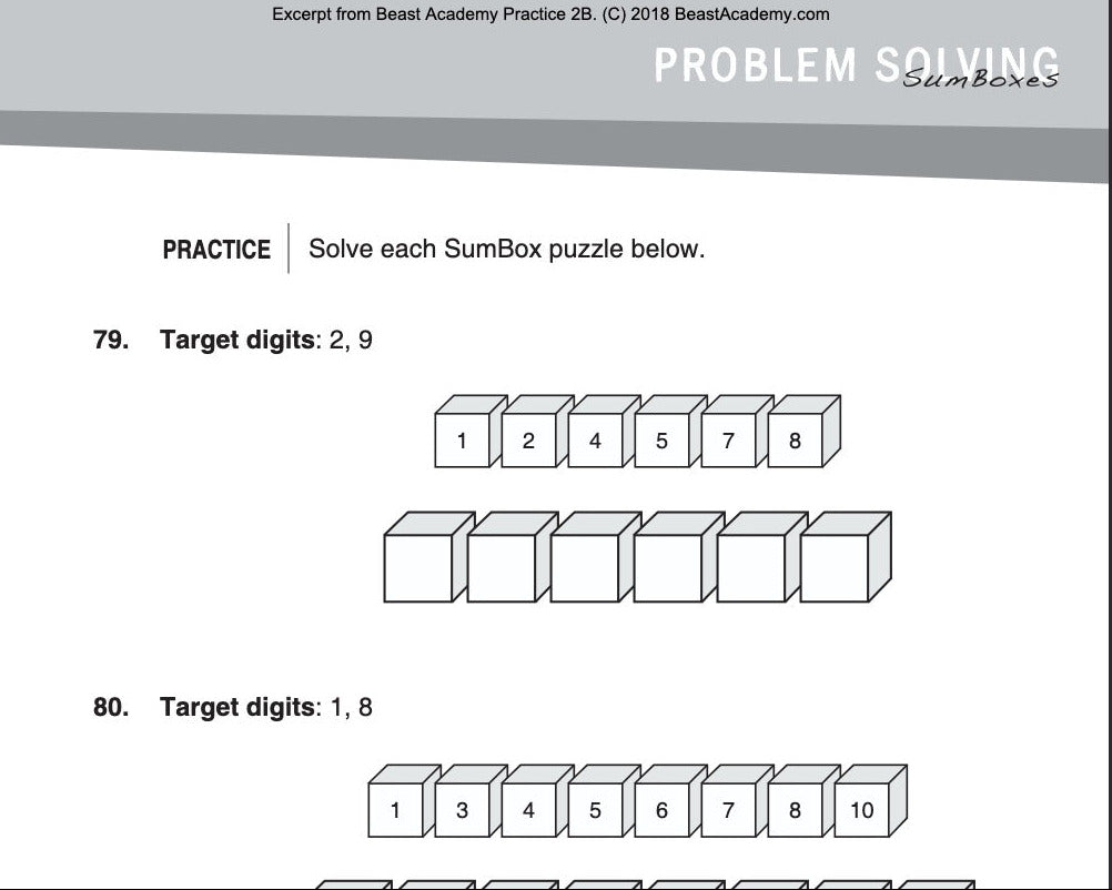 SumBox puzzle practice sheet with target digits on a computer screen