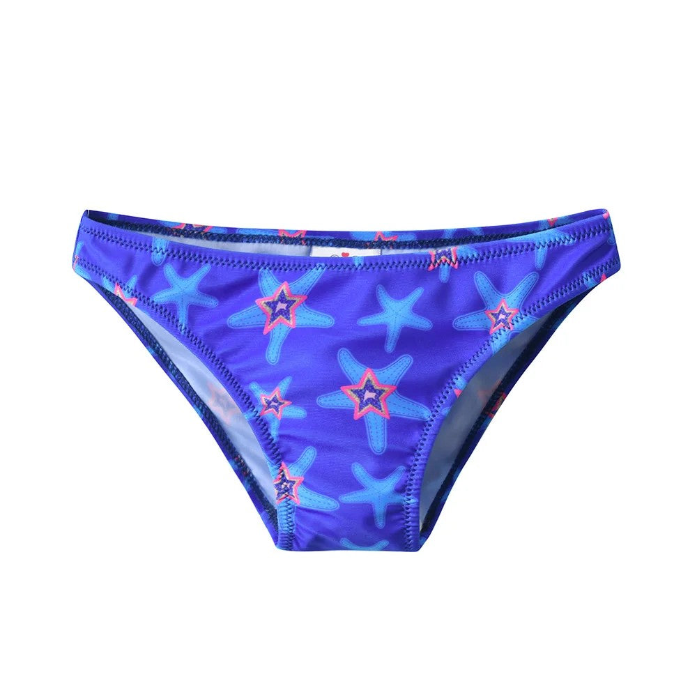 Purple bikini bottom with starfish pattern on a white background