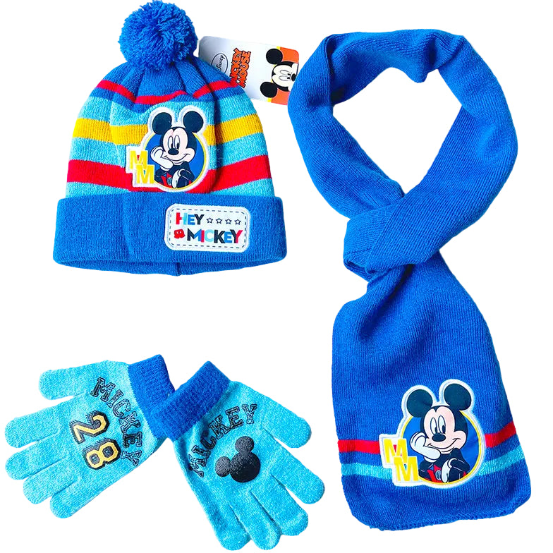 Children's winter set with hat, gloves, and scarf featuring Mickey Mouse on a grid background.