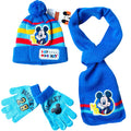 Children's winter set with hat, gloves, and scarf featuring Mickey Mouse on a grid background.