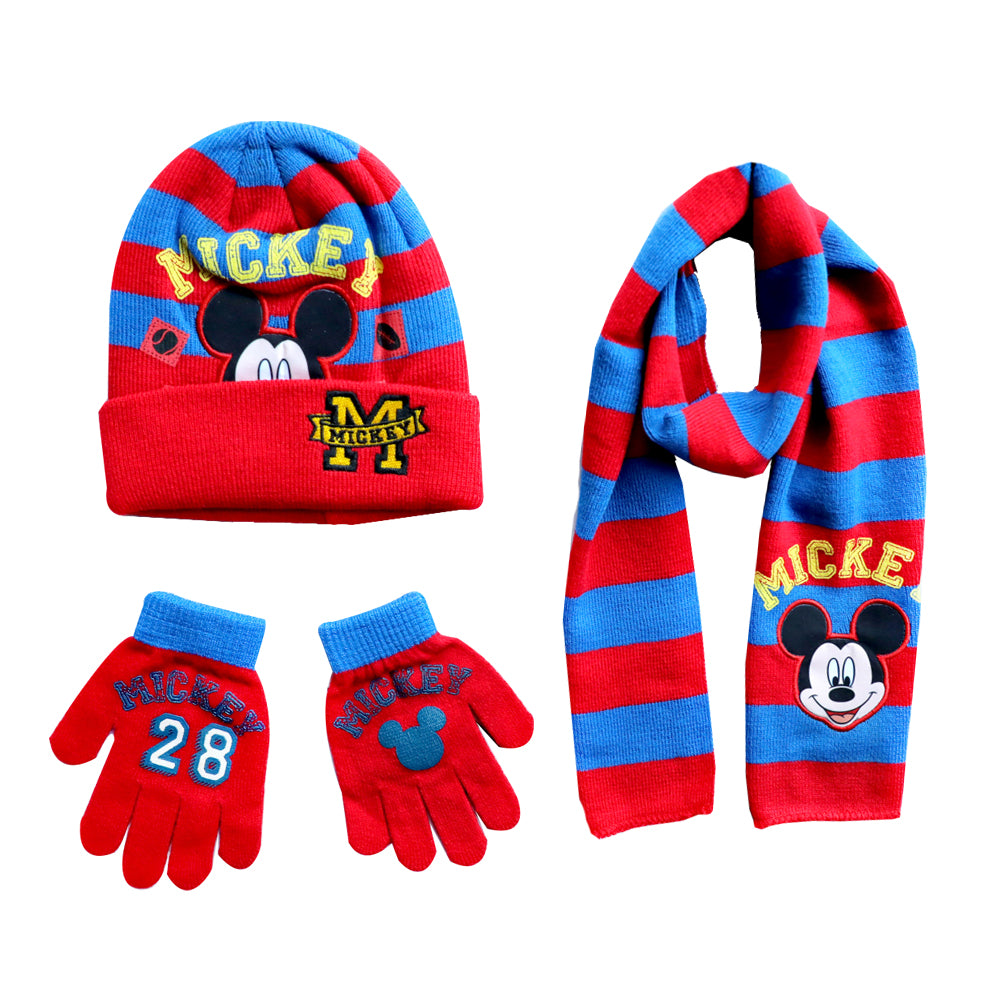 Mickey Mouse themed hat, scarf, and gloves set on a white background