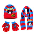 Mickey Mouse themed hat, scarf, and gloves set on a white background