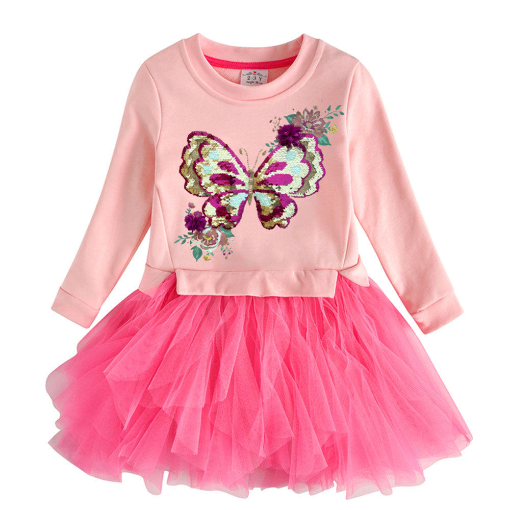 Pink dress with sequin butterfly design on a white background