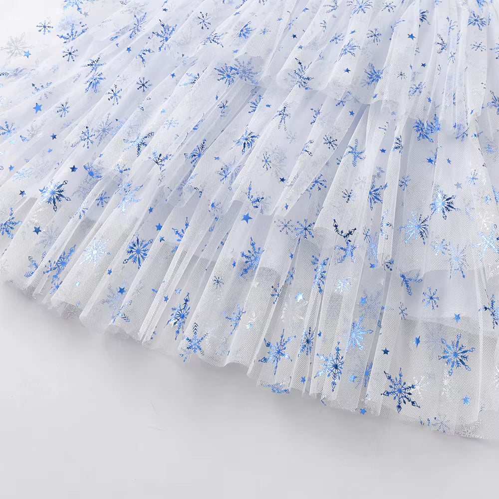 White fabric with blue snowflake pattern on a white background