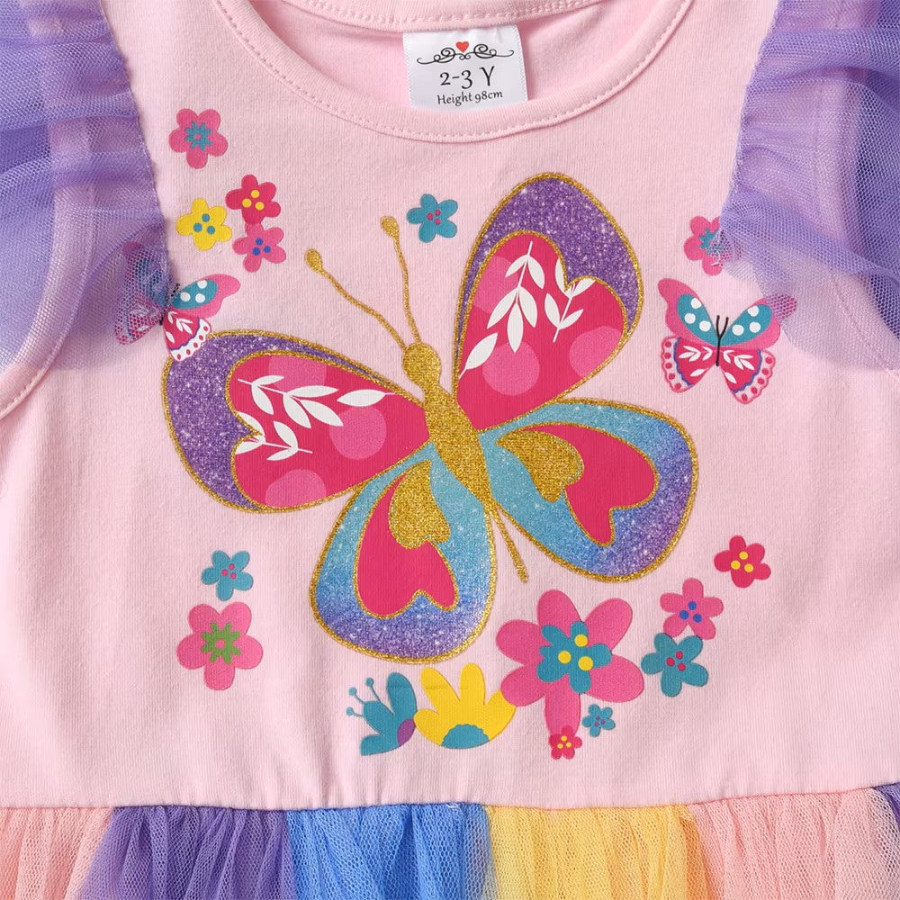 Children's dress with colorful butterfly and flower design on a pink background