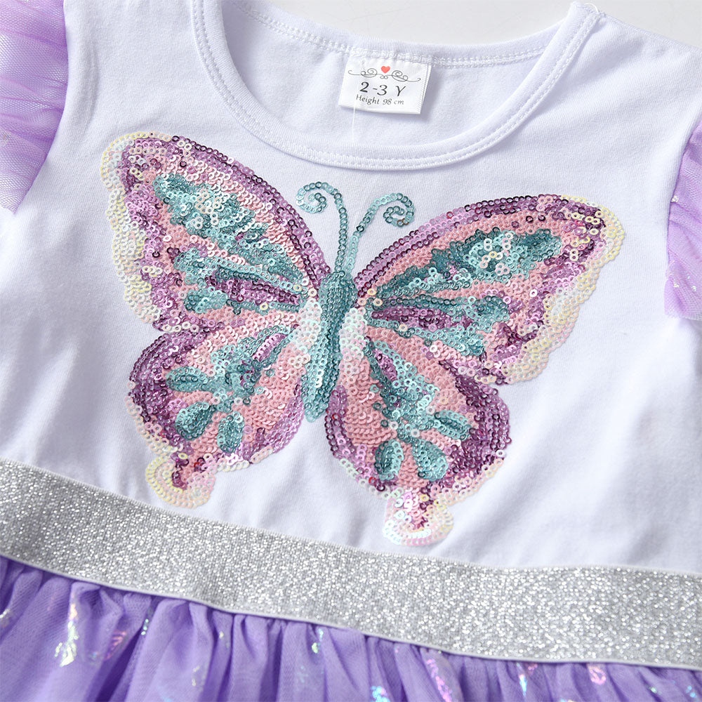 Children's dress with a sequined butterfly design on a white background