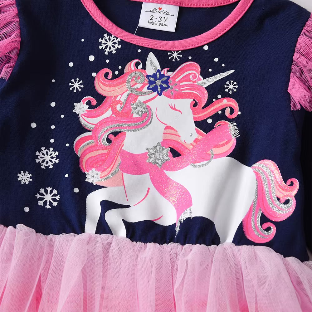 Children's dress with unicorn design and pink tulle, size 2-3 years.