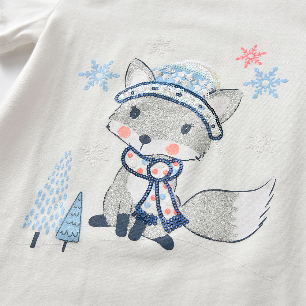 Embroidered design of a fox wearing a hat and scarf on a light gray background with snowflakes.