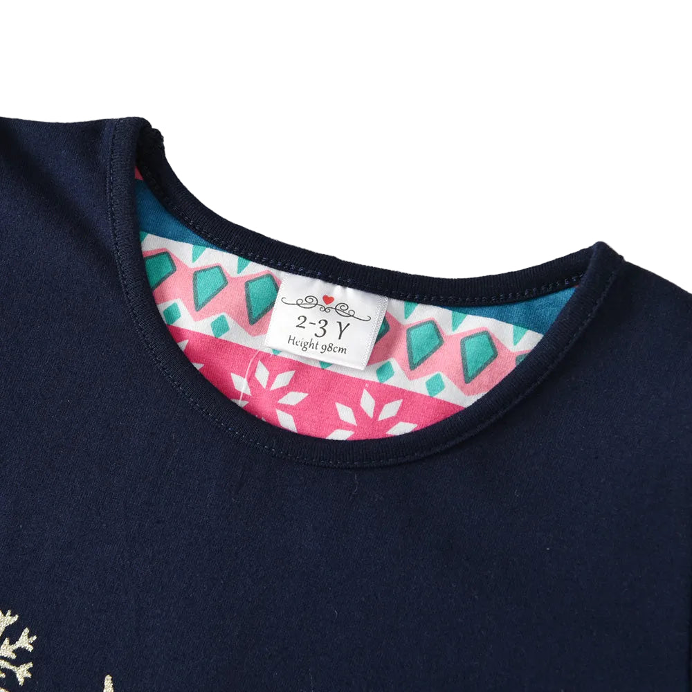 Navy blue garment with a colorful label on a white background