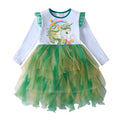 Green Unicorn Mesh Long Sleeve Cotton Dress: Fun Style