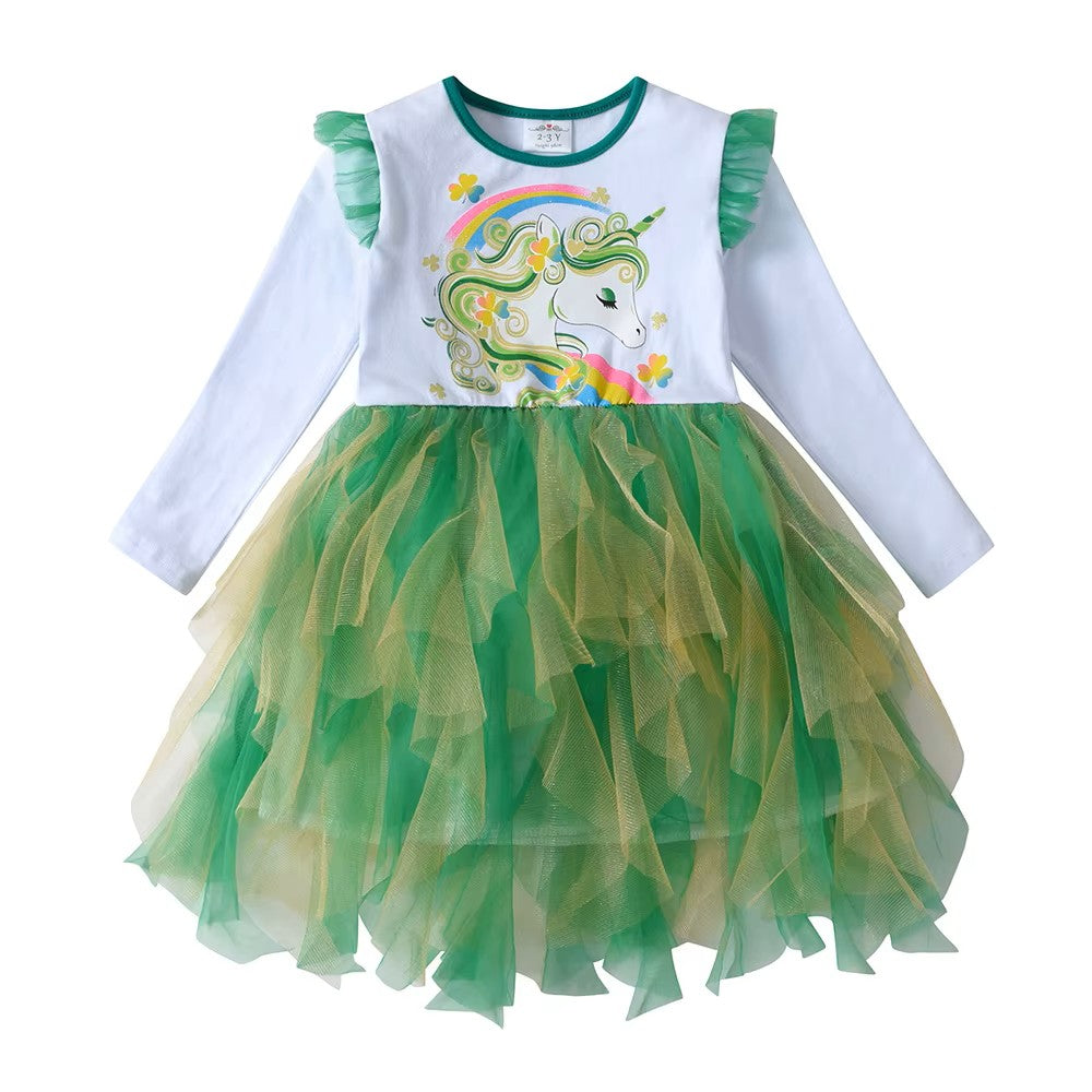 Green Unicorn Mesh Long Sleeve Cotton Dress: Fun Style