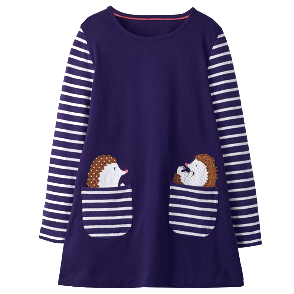 Navy blue dress with white stripes and hedgehog appliqués on a white background