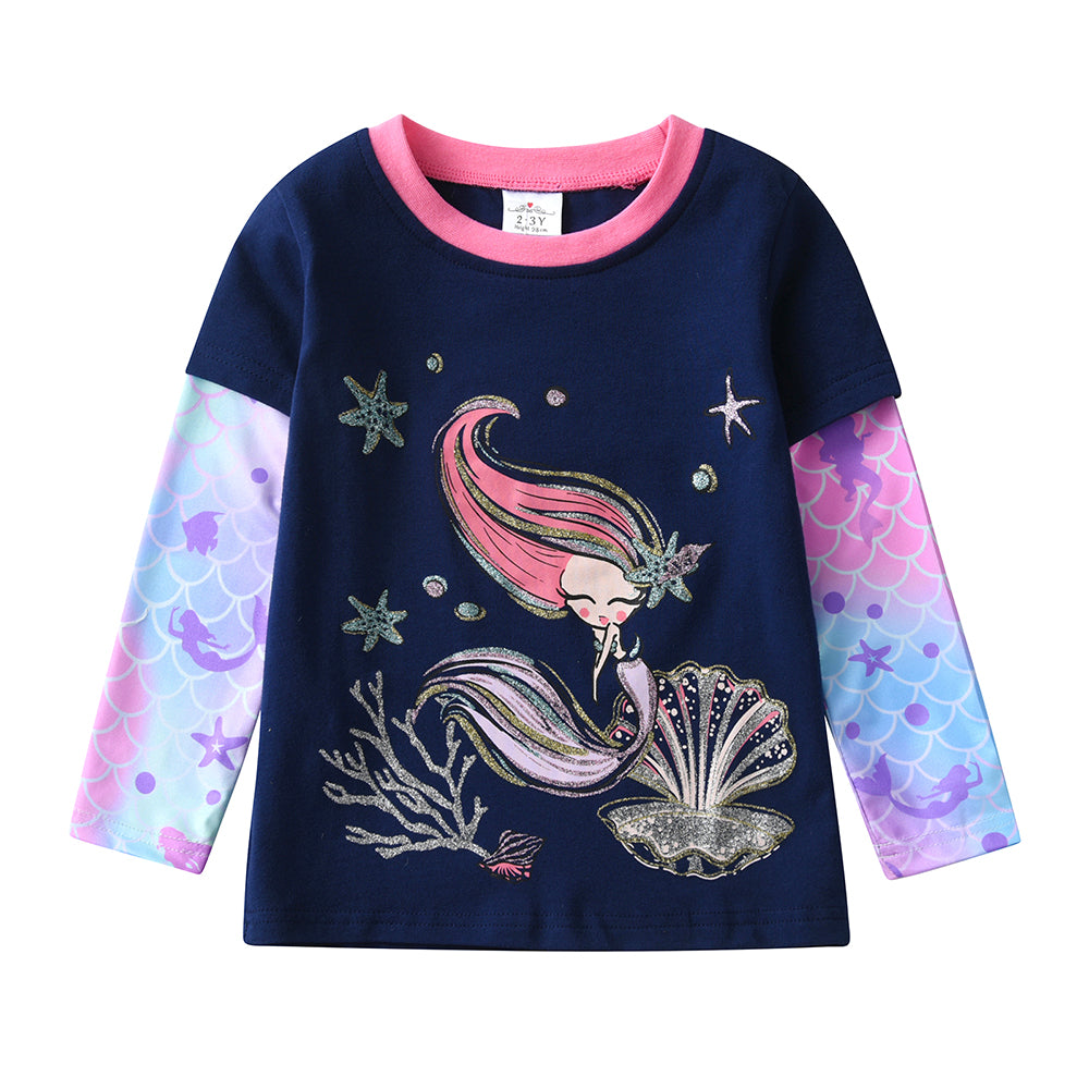 Mermaid Glitter Shell Cotton Tshirt for Girls, Fun & Stylish