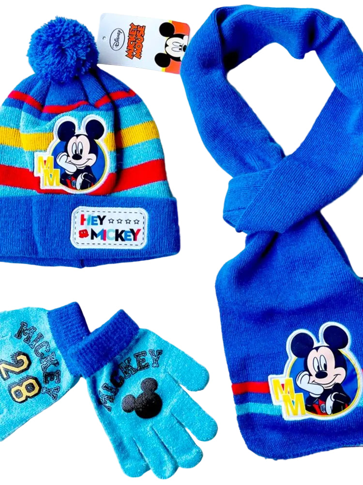 Set of Mickey Mouse-themed hat, scarf, and gloves on a white background