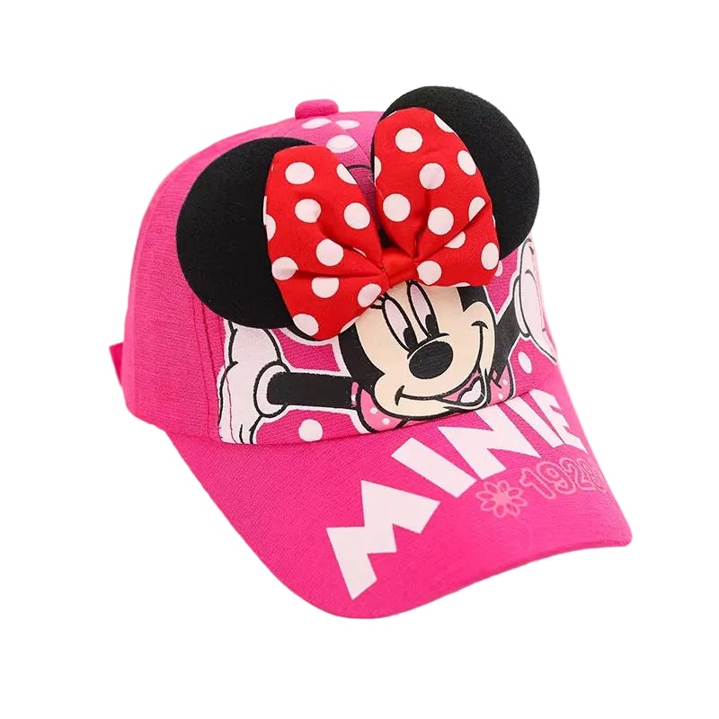Pink cap with Minnie Mouse design on a white background