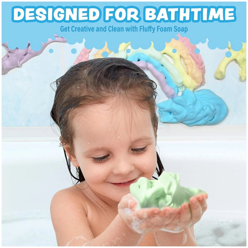 Child playing with fluffy foam soap in a bathtub, with text 'Designed for Bathtime' and 'Get Creative and Clean with Fluffy Foam Soap'.
