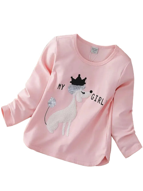 Pink children's sweatshirt with a unicorn design and text on a white background