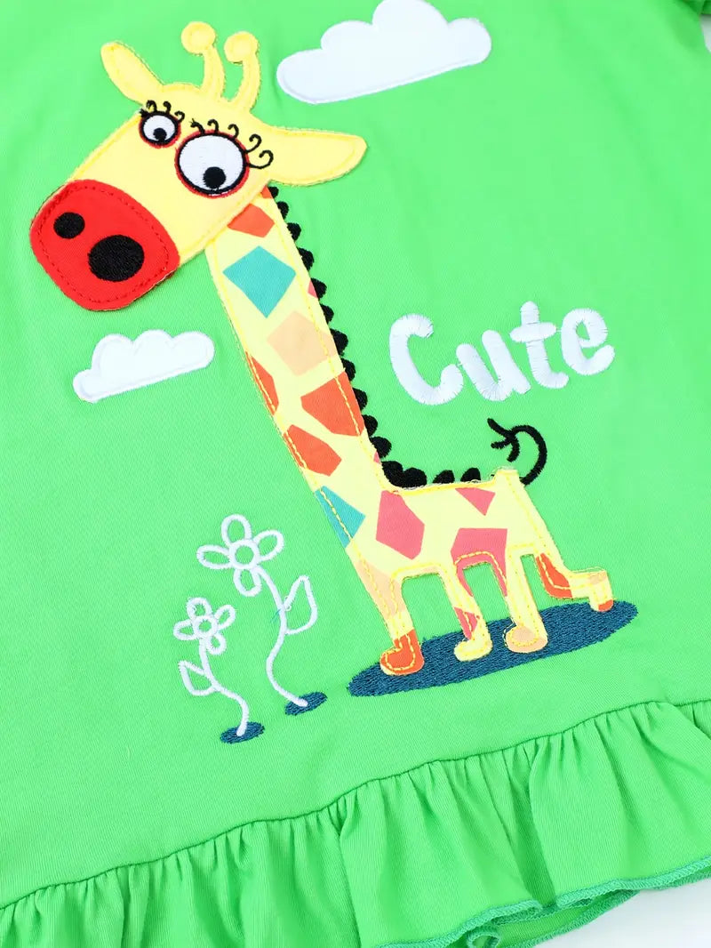 Green dress with a colorful giraffe design and 'Cute' text on a white background