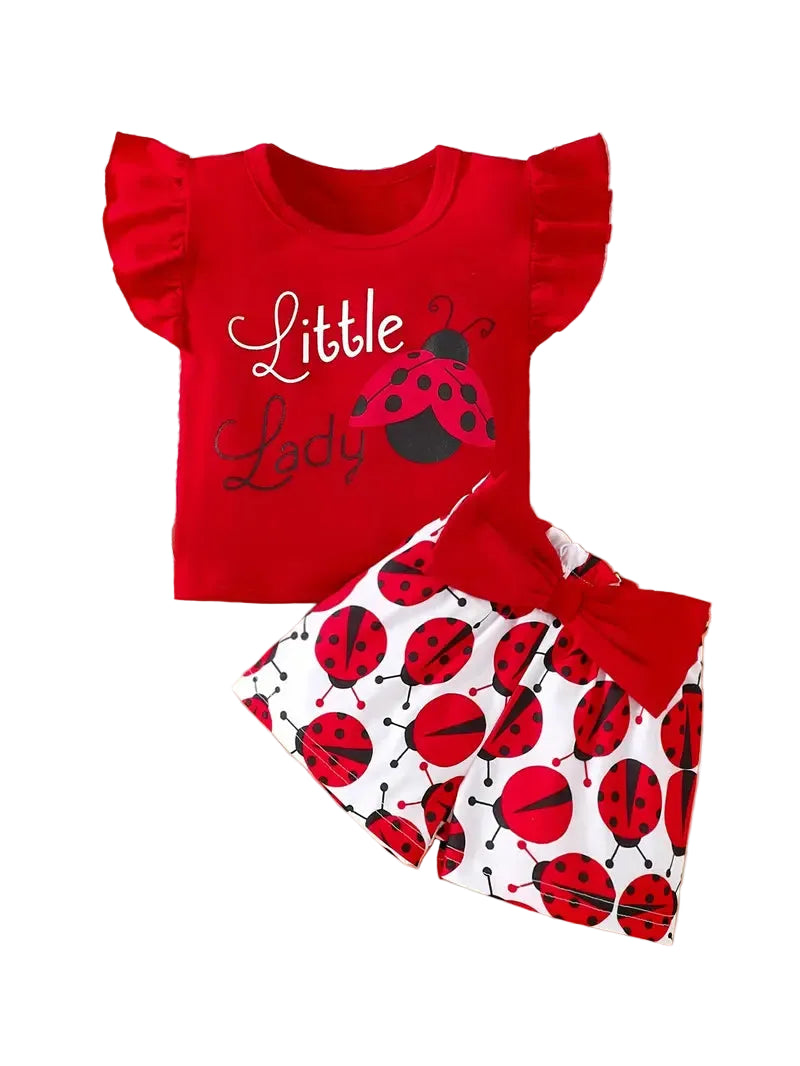 Red shirt with 'Little Lady' text and red shorts with ladybug pattern on a white background 5T Cute Ladybug Two Piece Short Set for Playful Days