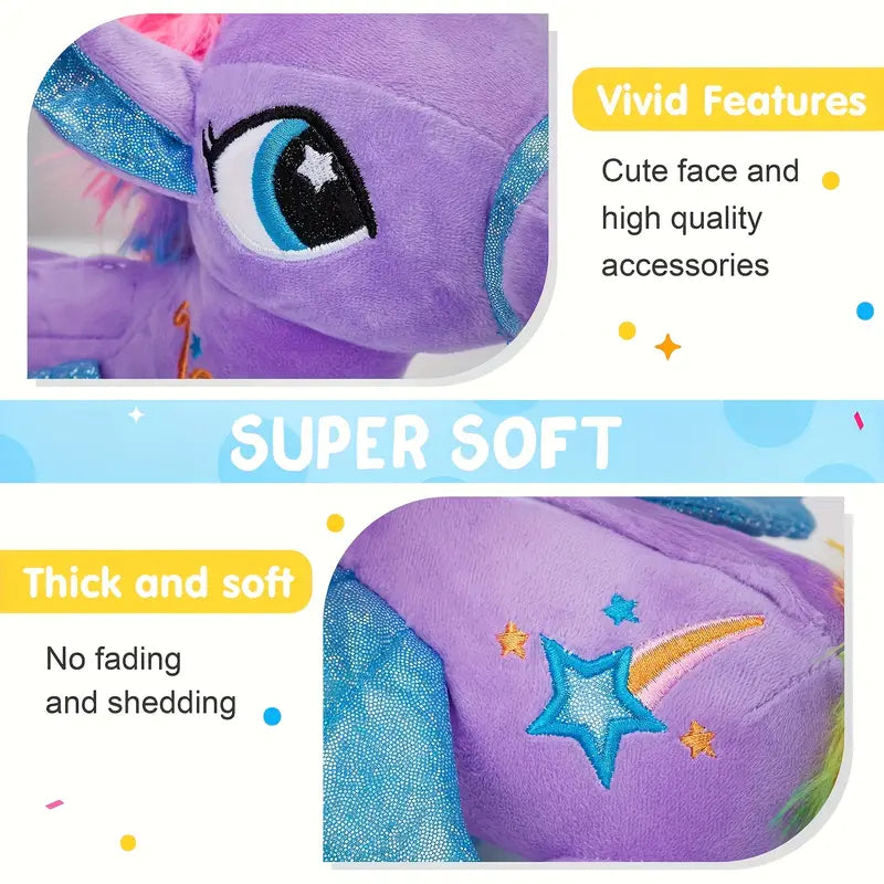 Plush toy with purple body and blue mane, featuring text on softness and quality.