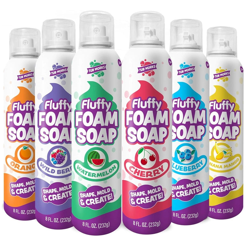 Set of Fluffy Foam Soap bottles in various flavors on a white background