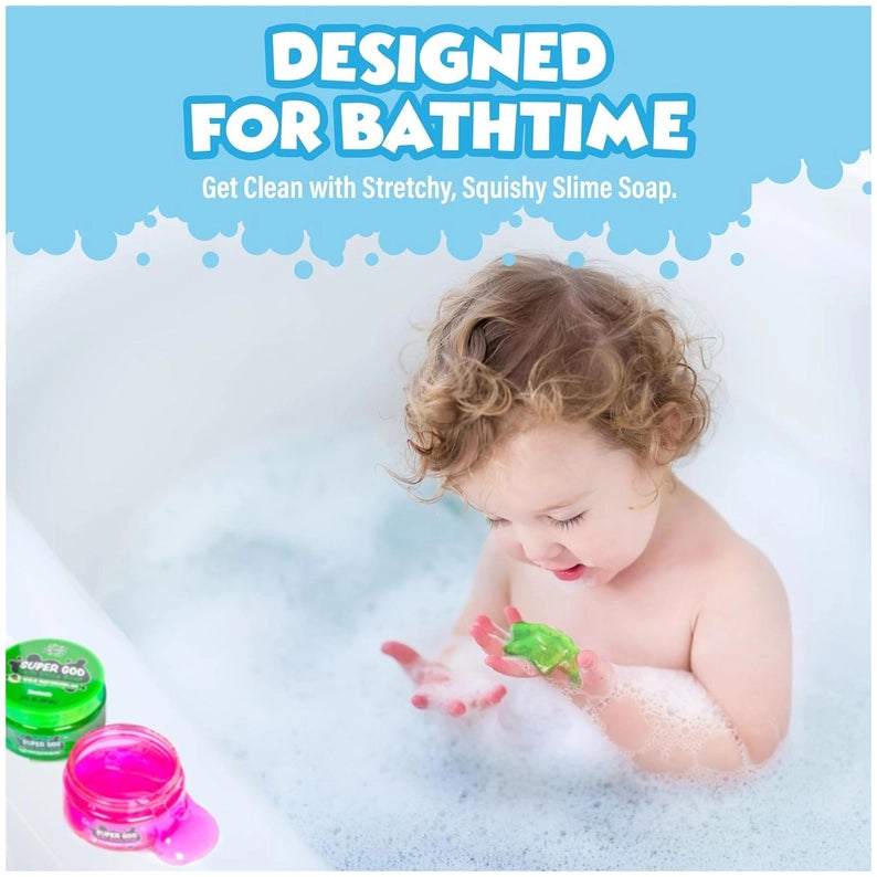 Child playing with slime soap in a bathtub, with text 'Designed for Bathtime' and 'Get Clean with Stretchy, Squishy Slime Soap'.